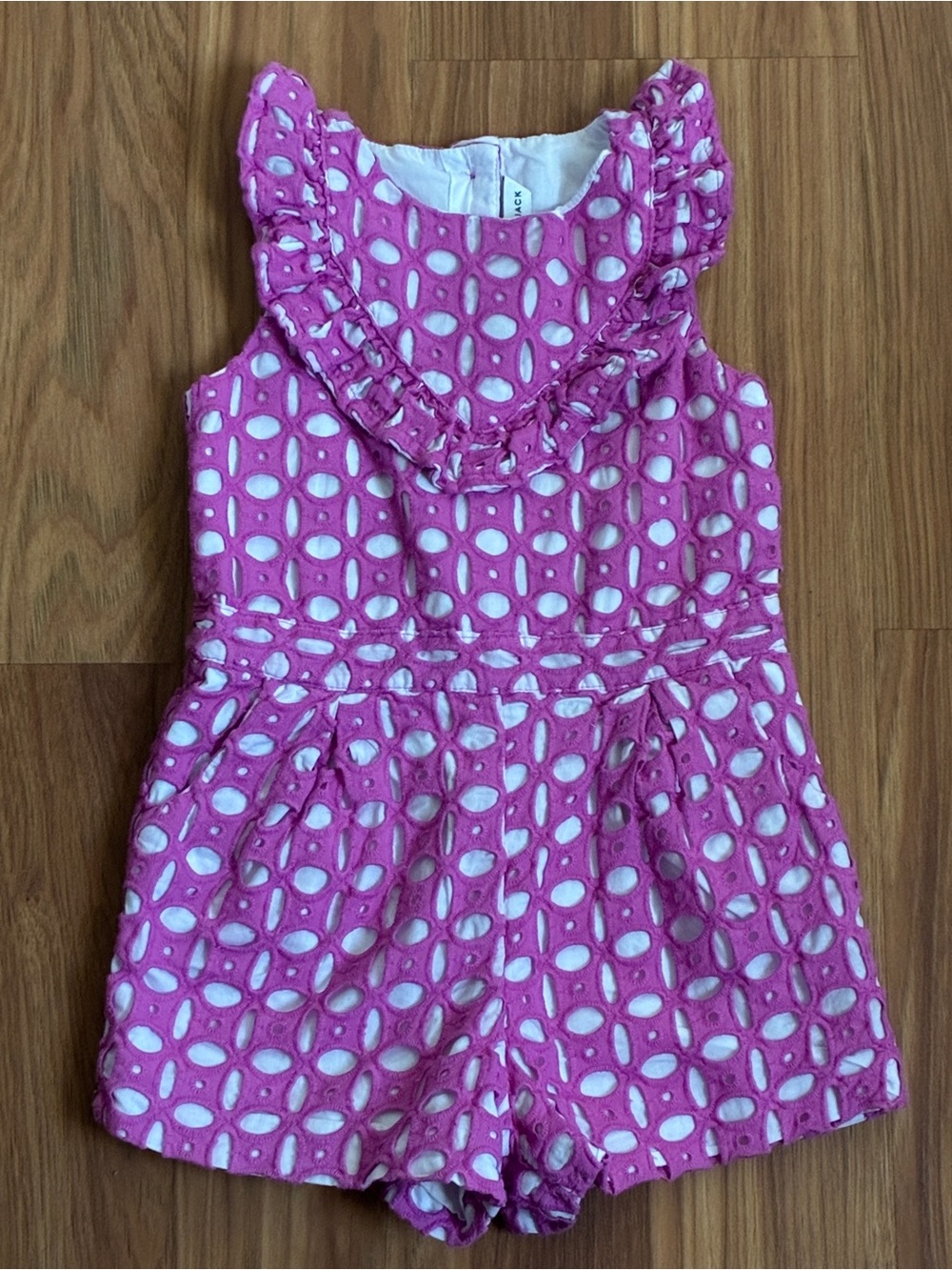 Janie and Jack Pink Geometric Eyelet Romper with Ruffle Neckline Size 3